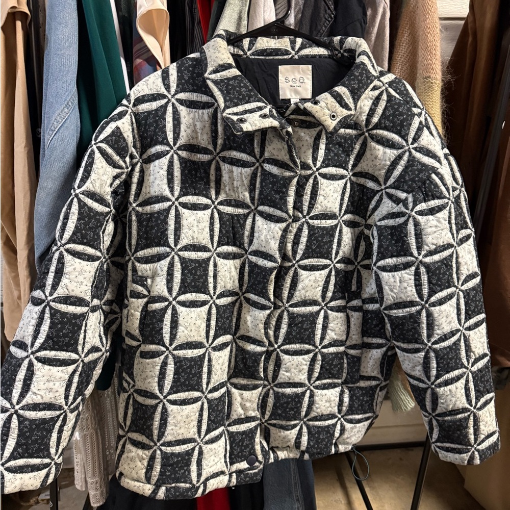 Sea New York Black and White Patterned Puffer Jacket
